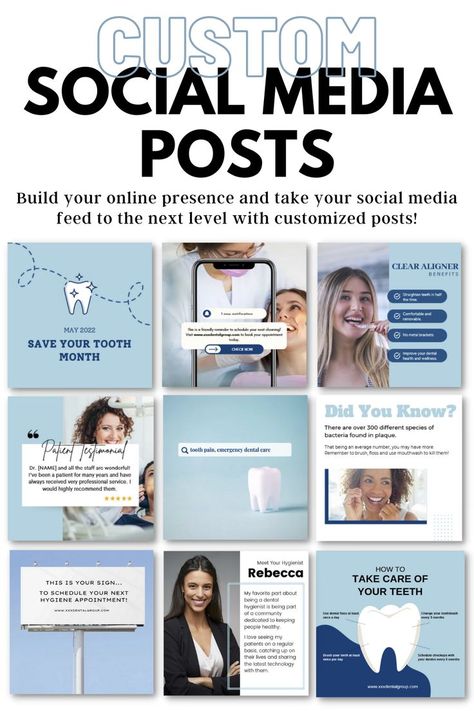 Upgrade your social media with engaging and customized social media posts. Healthcare social media, social media for dentists orthopedics hospital, social media feed, instagram asthetics Instagram Asthetics, Hospital Social Media, Dental Marketing Social Media, Healthcare Social Media, Dentist Social Media, Engaging Social Media Posts, Dentist Marketing, Dental Photos, Dental Social Media