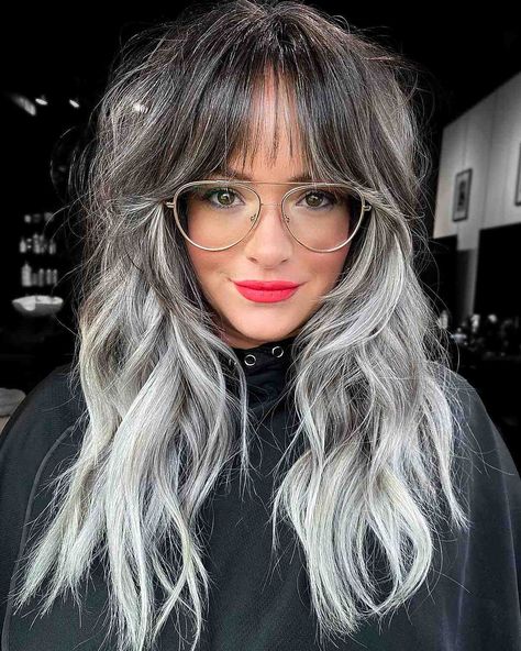 These 24 Black Ombre Hair Colors are Tending in 2021 Silver Ash Balayage On Dark Hair, Highlights With Peekaboo, Silver Hair Highlights On Black Hair, Black And Grey Hair, Black Hair Ombre, Grey Ombre Hair, Face Framing Curtain Bangs, Grey Hair Inspiration, Silver Hair Color