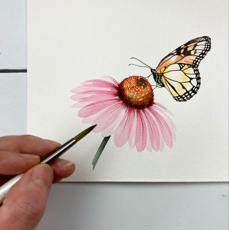 Pai, Easter Drawing Ideas, Butterfly Painting Easy, Easter Drawing, Butterfly On A Flower, Watercolour Butterfly, Echinacea Flower, Watercolour Tutorial, Watercolour Drawings