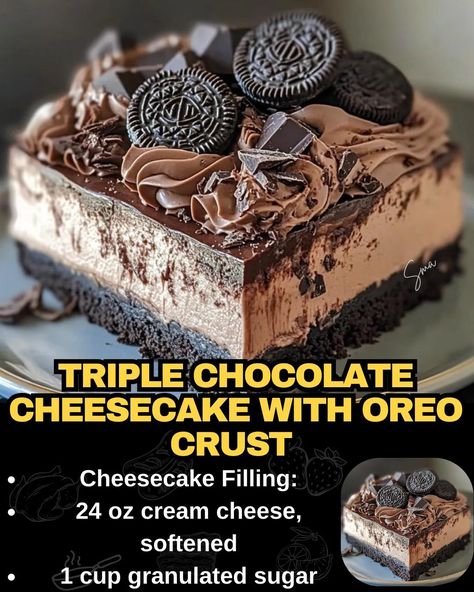 Triple Chocolate Cheesecake with Oreo Crust Vanilla Oreo Cheesecake, Chocolate Cheesecake Recipe Easy, Oreo Crust Recipe, Cheesecake With Oreo Crust, Chocolate Oreo Cheesecake, Oreo Crust Cheesecake, Vanilla Oreo, Triple Chocolate Cheesecake, Oreo Cheesecake Cookies