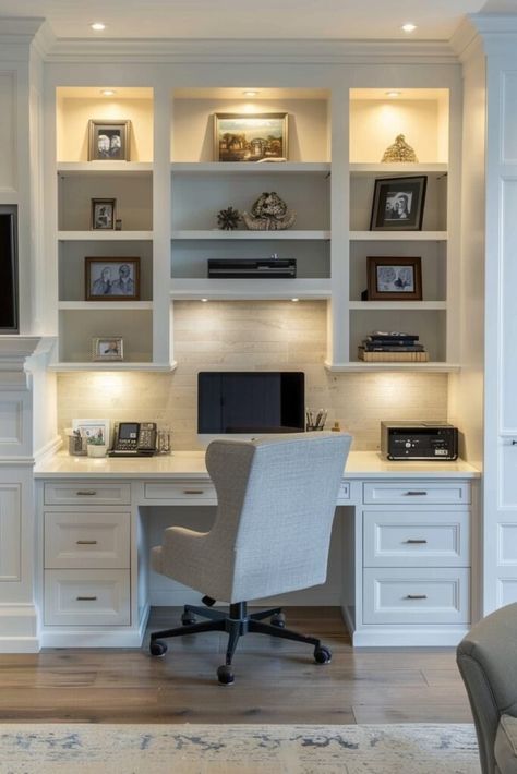 Dual-Purpose Room Bookshelf Desk Combo, Family Room Office Combo, Office Two Desks, Multi Purpose Room Ideas, Tiny Office Space Ideas, Tiny Office Space, Small Room Office, Office Living Room Combo, Office Under Stairs