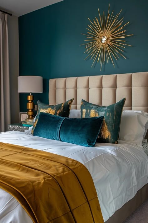 Teal Wall Decor Bedroom Ideas, Teal Mustard Bedroom, Dark Teal Room Ideas, Deep Teal Bedroom, Teal And Copper Bedroom, Teal Bedroom Color Schemes, Teal Room Ideas, Teal And Gold Bedroom, Teal And Yellow Bedroom