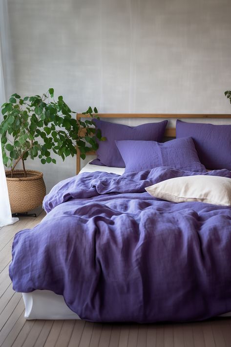 Introducing our luxurious soft Violet Linen Duvet Cover, perfect for elevating any bedroom decor. Crafted from high-quality softened linen, this duvet cover boasts a stunning blue-purple hue that adds just the right amount of color to your bed. The coconut buttons and ribbon ties add a charming touch to the design, while the hidden closure ensures your comforter stays secure all night long. Available in a variety of sizes including queen, twin, full, king, and double, this bedding set is ... Periwinkle Bedding, Purple And Blue Bedroom, Blue Purple Bedroom, Blue And Purple Bedroom, Purple Room Design, Sensory Bedroom, Violet Bedroom, Purple Bedroom Design, Purple Bed