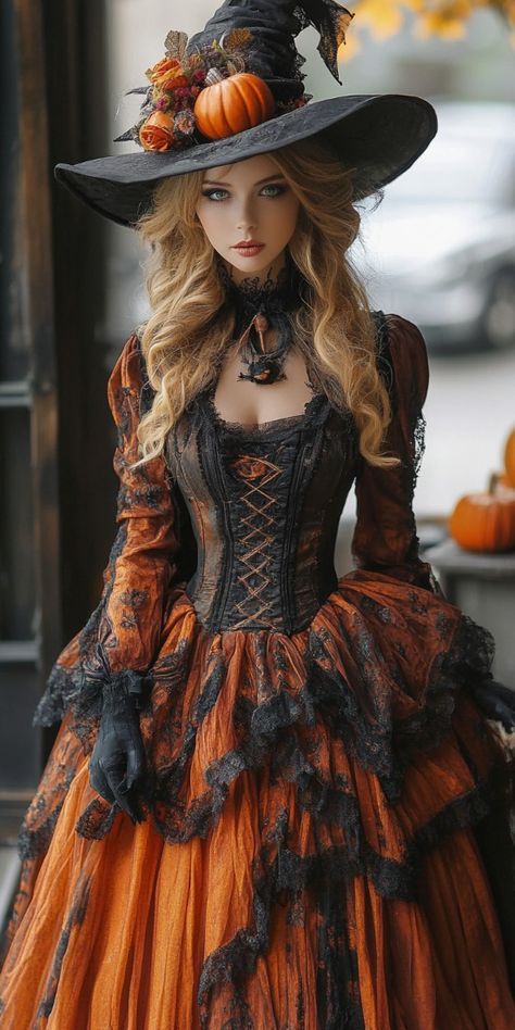 Orange And Black Witch Costume, Elegant Witch Aesthetic, Orange Witch Aesthetic, Vintage Halloween Backgrounds, Orange Witch Costume, Traditional Halloween Costumes, Witch Gown, Vintage Halloween Costumes, Halloween Fashion Outfits