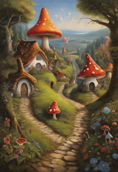 gnome inhabited village Check more at https://paintlyx.com/gnome-inhabited-village/ Whimsical Village Art, Gnome Aesthetic, Knitting Cartoon, Gnome Forest, Painting Jobs, Scandinavian Bedroom Decor, Nordic Style Bedroom, Gnome Village, Giant Mushroom