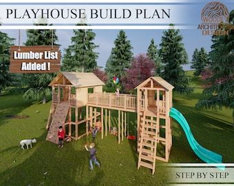 CASTLE PLAYHOUSE Plans - Etsy UK Treehouse Plans Layout, Playground Blueprints, Diy Playground Plans, Play Structure Plans, Diy Playground Backyard, Playhouse Plans Free, Castle Playhouse Plans, Playground Plans, Playset Plans