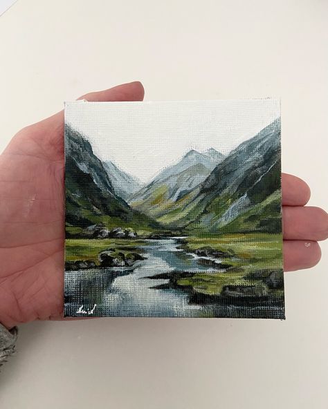 A mini landscape painting - I’m loving the challenge of painting these tiny paintings - particularly landscape paintings . This little one is 4x4 inch (10x10cm) and can be purchased through the link in my bio . #miniature #tinyart #landscapepainting #landscapeart #originalart #tinyartwork #mountainlovers #mountainlife #naturelovers #miniaturepainting #acrylicpainting #ireland #irishart #irishlandscapepainting Tiny Acrylic Painting, Miniature Landscape Painting, Tiny Landscape, Landscape Paintings Acrylic, Canvas Painting Landscape, Original Landscape Painting, Mini Drawings, Mountain Paintings, Acrylic Painting On Canvas