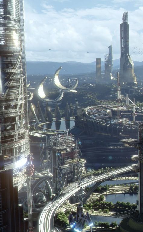 "Tomorrow offers new frontiers in science, adventure and ideals." -Walt Disney. Britt Robertson and George Clooney star in Tomorrowland, out on Blu-ray™️, Digital HD & Disney Movies Anywhere Oct. 13 Sci Fi Landscape, Futurisme Retro, Britt Robertson, Sci Fi City, Landscape Concept, Cyberpunk City, Landscape Designs, Fantasy City, Futuristic Art