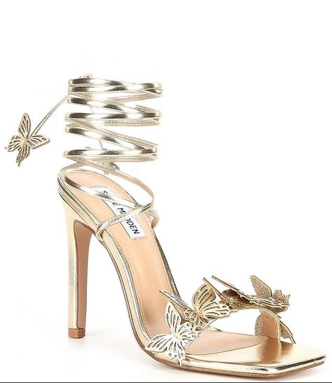 Gold Heels Butterfly, Gold Butterfly Shoes, Steve Madden Butterfly Heels, Butterfly Shoes High Heels, Gold Prom Shoes, Homecoming Heels, Butterfly Dresses, Metallic Butterfly, Graduation Shoes