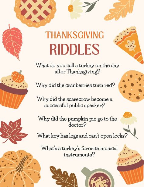 Introducing our delightful Thanksgiving Riddle Printable, the perfect addition to your holiday festivities! This digital product is a collection of charming and family-friendly Thanksgiving-themed riddles designed to add a touch of laughter to your celebration. Features: Festive Fun: Engage your family and friends with these whimsical riddles that capture the spirit of Thanksgiving. Kid-Friendly: Tailored for young minds, these riddles are easy to understand and will surely bring smiles to the little ones around the table. Printable Format: Conveniently formatted for printing, making it a hassle-free addition to your Thanksgiving activities. Simply print out the sheets and distribute them for instant holiday cheer. Variety of Jokes: From turkey antics to pumpkin puns, this printable offers Family Thanksgiving Ideas, Thanksgiving Riddles, Pumpkin Puns, Turkey Activities, Thanksgiving Puns, Thanksgiving Projects, Thanksgiving Cooking, Printable Thanksgiving, Thanksgiving Games