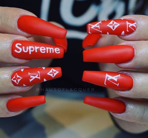 Supreme x LV by Haus of Lacquer Louis Vuitton Nails, Gucci Nails, Nail Swag, Hat Ideas, Holographic Nails, Luxury Nails, Fire Nails, Coffin Nails Designs, Pretty Acrylic Nails