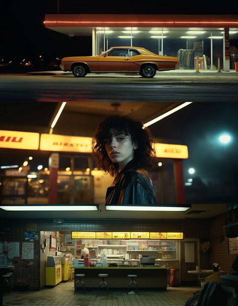 Andre do Amaral - cinematic shot, American muscle car standing in front of illuminated gas station at night, darkness illumination, Kodak film, Classic American vistas --ar 21:9 --c 10 --style raw Cinematic portrait, Beautiful Rebellious Woman standing in front of yellow i – SAVEE Gas Station Cinematic, Kodak Film Photography, Cinematic Outdoor Photography, Cinematic Car Photography, Gas Station Photoshoot Ideas, Cinematic Night Photography, Cinematic Car Shots, Gas Station Photoshoot Night, Photo Shots Ideas