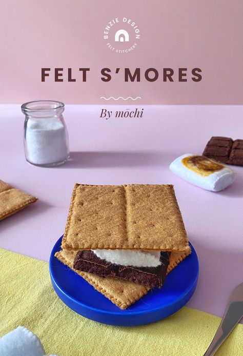 Karla of @mochi_mx makes mouthwatering felt food that comes to life with her attention to detail and fun animations. We are honored to have her on our Maker Team all the way from Mexico! Her first tutorial for you is the ultimate Summer snack - the s'more. Imagine that we are at a campfire, the smell of nature, sitting Nature, Felt Food Templates Pattern Free Printable, Felt Food Patterns Free Templates, Felt Food Patterns Free, Play Food Diy, Sensory Materials, Felt Food Diy, Felt Food Patterns, Chocolate Shapes