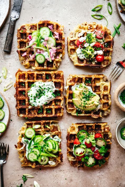 Savory mashed potato waffles: the brunch recipe you didn't know you needed! These crispy, fluffy, cheesy, savory waffles are vegan, gluten free and perfectly for loading up with your favorite toppings. Great for entertaining or a holiday brunch! #savorywaffles #mashedpotatowaffles #waffles #veganwaffles #glutenfree #veganbrunch #veganbreakfast #brunchrecipes #entertaining #brunchforacrowd #veganrecipes #vegetarian #foodphotography | crowdedkitchen.com Vegan Waffle Toppings, Savory Waffle Toppings, Waffle Brunch Ideas, Mashed Potato Waffles, Potato Waffle Recipe, Savory Waffle Recipe, Crowded Kitchen, Vegan Waffles, Potato Waffles