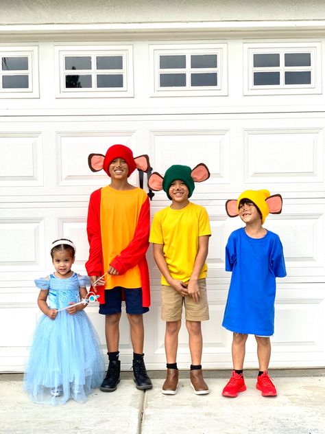 Mice costumes were created with colorful t-shirts purchased from Michaels, colored beanies and ears made of felt, pipe cleaner and a glue gun (pinned on with close pins) Cinderella Halloween Costume Family, Cinderella Mice Costume, Diy Cinderella Costume, Mice Costume, 2022 Costumes, Cinderella Halloween Costume, Family Themed Halloween Costumes, Themed Costumes, Teacher Dress