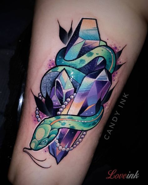 Tattoo artist Laura Konieczna, color authors style neo-traditonal tattoo | Poland Traditonal Tattoo, Snake Tattoo Meaning, Gotik Tattoo, Gem Tattoo, Jewel Tattoo, Crystal Tattoo, Kunst Tattoos, Theme Tattoo, Tatuaje A Color