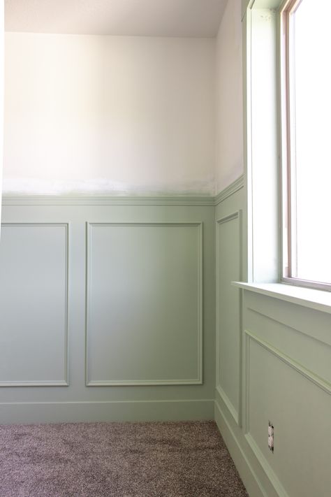 Chair Rail And Box Molding, Box Trim Wallpaper, Box Trim With Wallpaper, Box Trim Nursery, Diy Box Trim, Nursery Chair Rail, Box Trim On Wall, Bedroom Wall Trim, Eloise Nursery