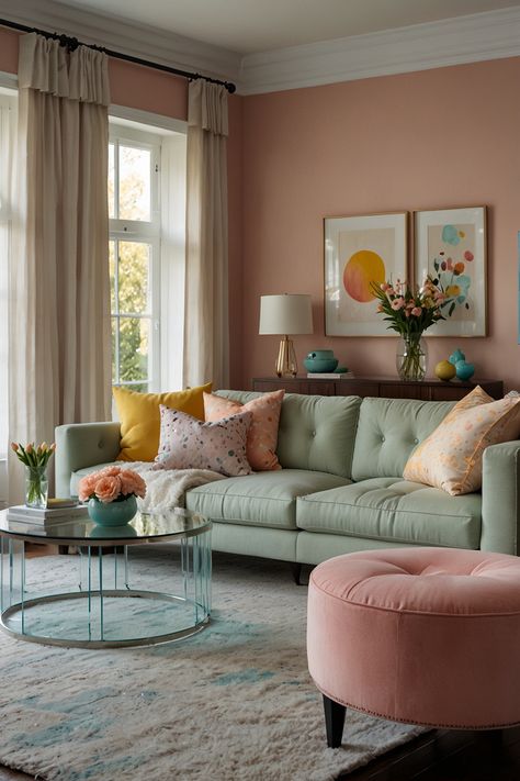 In this bright and airy modern living room, pastel accents complement sleek glass decor, creating an inviting and stylish ambiance. #InteriorDesign #LivingRoomGoals #ModernLiving #PastelDecor #GlassDecor #HomeInspiration #BrightSpaces #AiryLivingRoom Light Colorful Living Room, Bright Minimalist Living Room, Pastel Home Decor Living Room, Pink Wall Living Room, Living Room Wall Colors 2024, Bright And Airy Living Room, Color Living Room Ideas, Light Pink Living Room, Peach Living Room