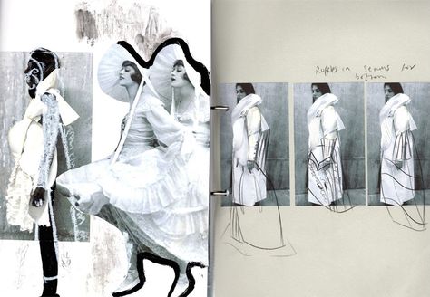 Get to know the inspiration, thoughts and work behind the White Show garments of 1st year BA Fashion Design students at Central Saint Martins Fashion Presentation Layout, Csm Sketchbook, Process Book, Fashion Sketchbook Inspiration, Fashion Portfolio Layout, Sketchbook Layout, Textiles Sketchbook, Logos Retro, Fashion Design Sketchbook