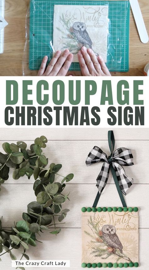 Decoupage Christmas Sign - make a cut little mini wood slat Christmas sign with Mod Podge and a napkin Decopage Ideas Wood Christmas, Christmas Decopodge Ideas, Mod Podge Napkins On Wood, Christmas Decoupage Ideas, Mod Podge On Wood, October Fest, Decoupage Crafts, Wooden Craft Sticks, Stick Christmas Tree