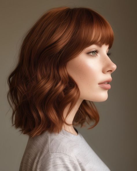 Auburn Medium-Length Waves with Fringe Mid Length Dark Auburn Hair, Long Auburn Hair With Bangs, Auburn Medium Length Hair, Auburn Hair Colour, Short Auburn Hair, Deep Auburn, Long Auburn Hair, Red Orange Hair, Dark Auburn Hair