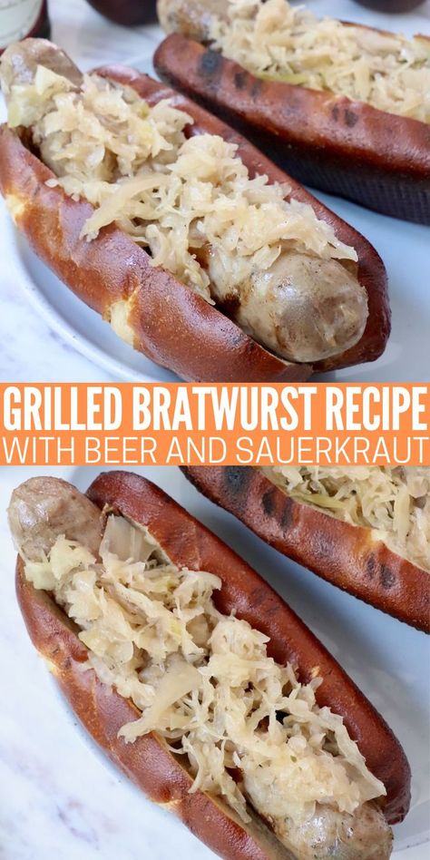 grilled bratwurst in pretzel buns on a plate topped with sauerkraut Allrecipes Pancakes, Brats Grilled, Allrecipes Chili, Ark Recipes, Brats And Sauerkraut, Bratwurst Recipe, Grilled Bratwurst, Beer Bratwurst, Grilled Brats