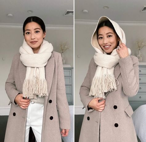 How to style women's scarf as a hat tiktok hack // cream + taupe winter outfit Winter Scarf Tying, Tie Hack, Ways To Style A Scarf, Style A Scarf, Native Outfits, Scarf Hood, Scarf Wearing Styles, Mango Coats, How To Wear A Scarf