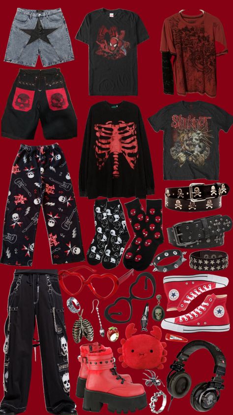 Fire Outfits Aesthetic, Emo Outfit Board, Red Scene Outfits, Alt Valentines Outfit, Grunge Red Outfit, Red Emo Outfits, Gore Clothes, Red Alt Outfits, Red Emo Aesthetic