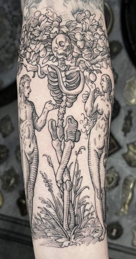 Erebus Tattoo, Medieval Etching Tattoo, Wood Cut Tattoo Style, Etching Tattoo Ideas, Engraved Tattoo Designs, Woodcarving Tattoos, Negative Space Tattoo Sleeve, Etching Tattoo Sleeve, Wood Etching Tattoo