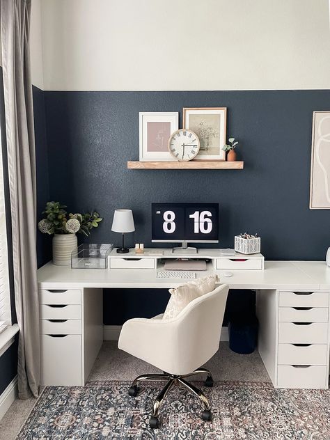 Office Makeover Downstairs Office Ideas, Banker Desk Decor, Small Office Home Office Design, Small Home Office Ikea, Bedroom Office Wall Ideas, Blue Home Office Design, Home Office Colour Ideas, Study Desk Ideas Bedroom, Home Office Makeover Ideas