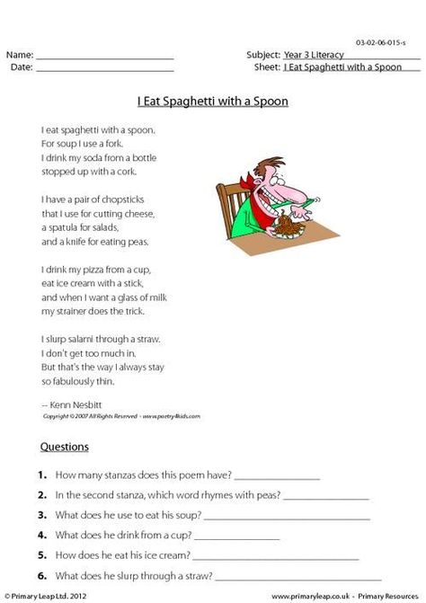 This English worksheet includes a poem titled 'I Eat Spaghetti With A Spoon' with a funny image. Children read through the poem and then answer 6 accompanying study questions at the end. A great activity to help your student's comprehension skills! Poetry Comprehension Worksheets, Poetry Comprehension, English Creative Writing, Cloze Activity, Free Worksheets For Kids, Funny Poems, Student Information, Free Worksheets, Word Bank