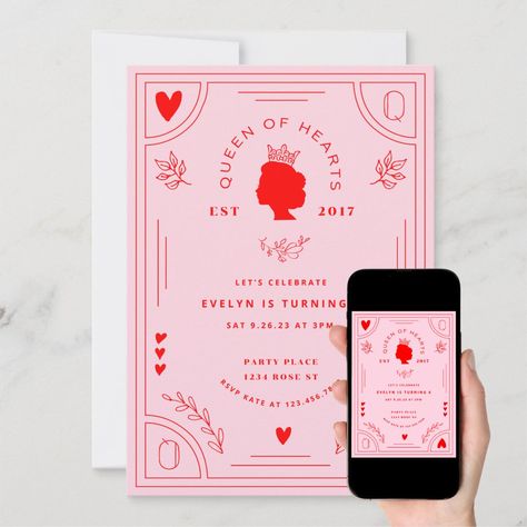 Queen of Hearts Birthday Invitation Light Pink Color Palette, Queen Of Hearts Birthday, Heart Themed Birthday, Valentine Invitations, Valentine Notes, Valentine Poster, Pink Color Palette, Heart Party, Party Invite Design