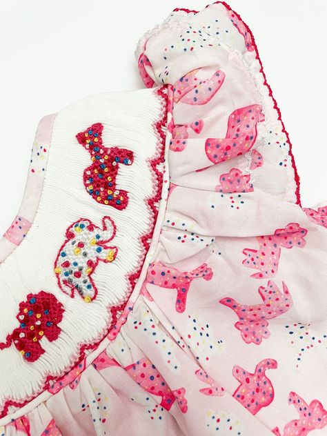 Animal Cookie Dress - 6 -  #animal #Cookie #Dress Circus Animal Cookie Party, Sprinkled Cookies, Cookie Watercolor, Animal Cookie, Smocked Dresses, Watercolor Fabric, Pink Embroidery, Baby Fits, Animal Cookies