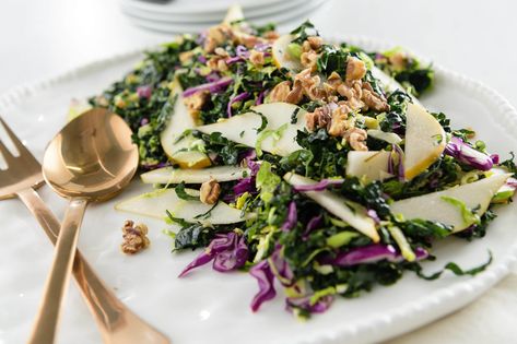 Kale Cabbage and Pear Slaw with Citrus Dressing is a colorful, quick fruit and vegetable slaw with a sweet and tangy citrus dressing. Pear Slaw, Citrus Dressing Recipe, Salad With Citrus Dressing, Pear Dessert Recipes, Turkey Salad Recipe, Kale Cabbage, Salad With Citrus, Red Cabbage Salad, Pear Dessert