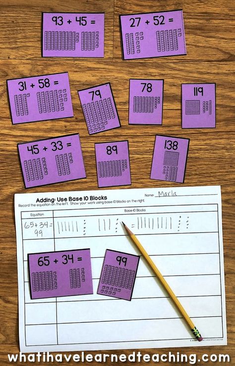 These Two-Digit Addition Math Stations help students use models and addition strategies such as a number line, breaking apart the addends, and base-10 blocks. They are easy to print, laminate, and cut apart and last year after year. Addition With Base Ten Blocks, Adding 2 Digit Numbers Activities, Adding 3 2 Digit Numbers, Year 2 Addition, Base 10 Activities, 2 Digit Addition Strategies, 2 Digit Addition And Subtraction Games, Two Digit Addition Games, Break Apart Strategy Addition Activities