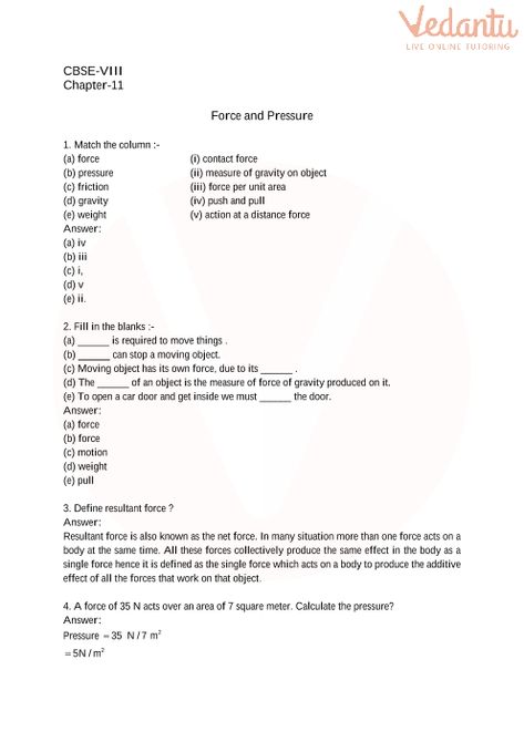 CBSE Class 8 Science Force and Pressure Worksheets with Answers - Chapter 11 Ncert Books, Force And Pressure, Work Sheet, Math Work, Class 8, Register Online, Pushes And Pulls, Science Worksheets, Science Teacher