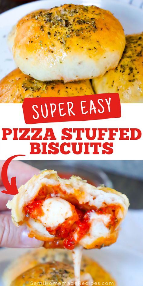 Great for an easy lunch or dinner, these Pizza Stuffed Biscuits are ready in less than 30 minutes! Normally packed with pizza sauce, fresh mozzarella and Italian seasoning but completely customizable. Dash Pizza Recipes, Easy Lunch Ideas With Biscuits, Pizza Pockets With Biscuits, Mozzarella Stuffed Biscuits, Pizza Buiscits, Pizza Recipes With Biscuits, Pizza Stuffed Biscuits, Pizza Made With Biscuits, Grands Biscuit Pizza