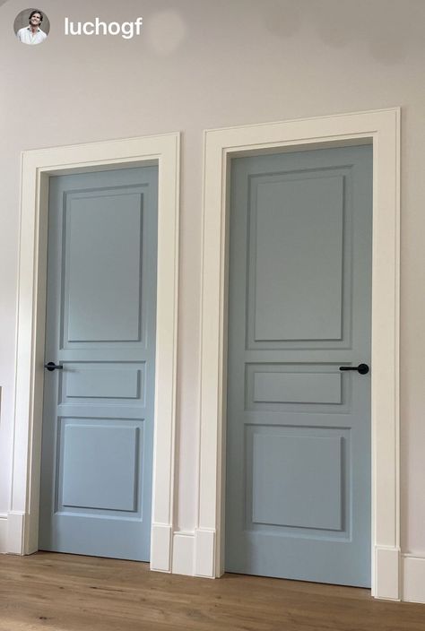 Colored Door White Trim, Painted Interior Doors Blue Gray, Beach Doors Interior, Blue Door Bedroom, Blue Inside Door, Blue Grey Doors Interior, Door And Frame Different Color, Blue Gray Doors Interior, Light Blue Door Color