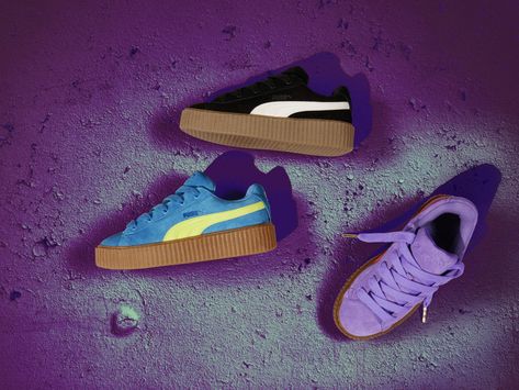 Rihanna’s iconic creeper is finally back. But this time, it’s bigger, bolder and phatter than ever.  Imagined, designed, and named by Rihanna, the Creeper Phatty takes the classic Creeper to the extreme with an oversized design, stacked gum sole, and bold pops of color. This new twist on the FENTY x PUMA Creeper is available in three colors for all ages and genders, a full family affair. Rihanna X Puma, Fenty Puma Shoes, Fenty Puma Creepers, Puma Fenty Shoes, Rihanna Sneakers, Rihanna Fenty Puma, Rihanna Creepers, Fenty Creepers, Rihanna Shoes