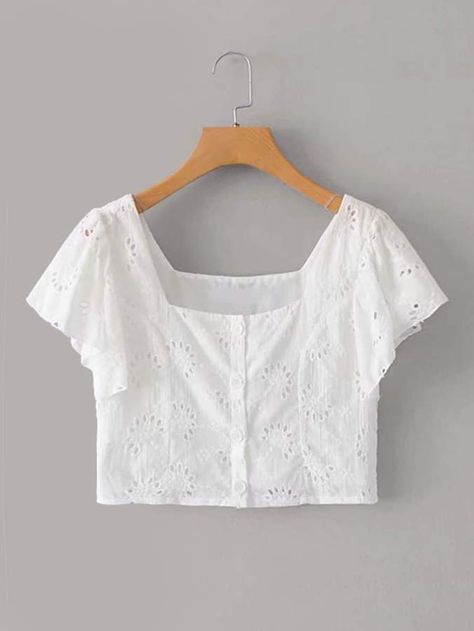 Thrifting Inspiration, White Blouses, Butterfly Sleeve, Crop Top Outfits, Cropped Tops, Butterfly Sleeves, Shein Style, Summer Shirts, Cotton Tops