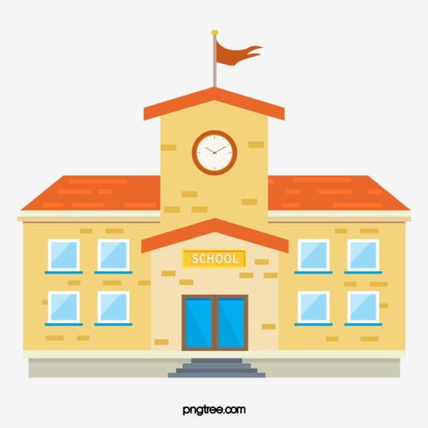 School Building Illustration, Wolf With Blue Eyes, Cartoon Building, School Building Design, Yellow School Bus, School Cartoon, Building Illustration, City Silhouette, School Campus