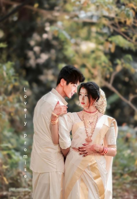 Finally Wang so And Hae so are together in Kerala wedding style Couple Poses Photography Indian, Wedding Couple Poses Photography Indian, Kerala Wedding Couple, Hindu Wedding Photos, Saree Kerala, Kerala Kasavu Saree, Marriage Photoshoot, Marriage Poses, Indian Bride Photography Poses