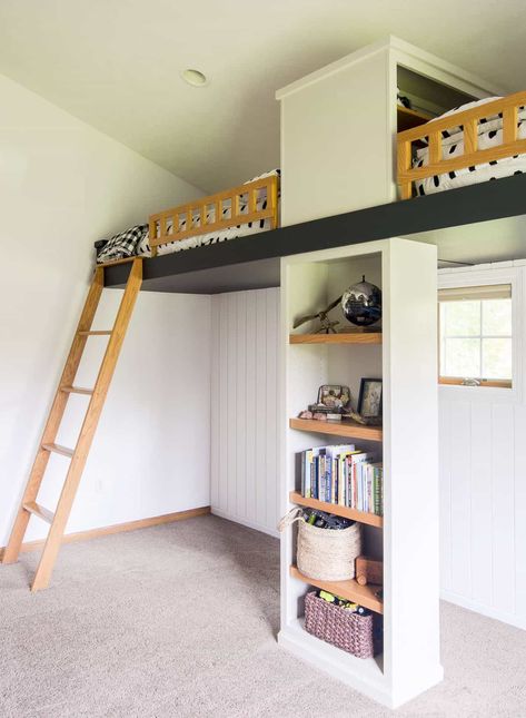 Modern bunk beds are trending, so I was excited to transform our oak bunk beds! See how easy it is to modernize a double loft bed with paint. #fromhousetohaven #loftbeds #modernloftbeds #bunkbeds #boysroom #doubleloftbed #boysbeds #youthloftbeds Loft Bed For Small Rooms, Double Loft Bed, Oak Bunk Beds, Grace In My Space, Aesthetic Bedroom Design, Double Loft Beds, Modern Boys Rooms, Lofted Bed, Loft Beds For Small Rooms