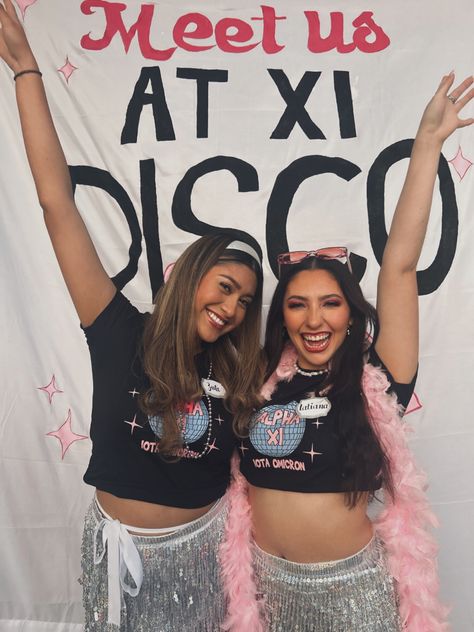 Alpha Xi Delta Bid Day, Disco Bid Day, Pink Sun Glasses, Pink Boa, Disco Theme, Sorority Bid Day, Bid Day Themes, Alpha Xi Delta, Alpha Xi