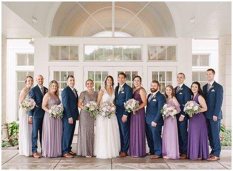 Lavender Purple And Navy Blue Wedding, Purple Bridesmaids Blue Groomsmen, Navy Suits Purple Bridesmaids, Navy Blue Lavender Gold Wedding, Navy And Lilac Wedding Decor, Lavender Navy Wedding, Purple And Blue Wedding Party, Purple Wedding Party Attire, Navy And Lilac Wedding