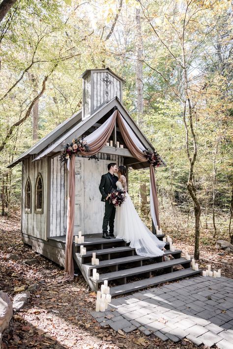 What a perfect day for a micro wedding in Tennessee! Take advantage of that glorious glowing light and join us in the Smoky Mountains. Chapel in the Hollow is close to Pigeon Forge and Gatlinburg as well as Townsend. Our outdoor chapel has a woodsy charm and is surrounded by the mountains of East Tennessee. #GatlinburgWeddings #PigeonForgeWeddings #Microwedding Micro Wedding Smoky Mountain Outdoor Stress Free Wedding Affordable Outdoor Wedding Chapel Ideas, Tiny Chapel Wedding, Small Chapel Design, October Wedding Ceremony, Small Wedding Chapel, Backyard Chapel, Tiny Wedding Venues, Tiny Chapel, Event Venue Business