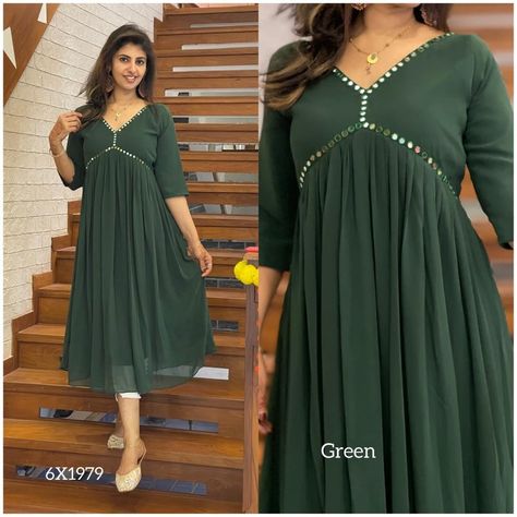 New arrival Faux Georgette plain Aliya cut kurti with glass work *@999* Size : M/L/XL/XXL Length : 47" Lining : yes Front pleated Item code : 6X1979 New Georgette Kurti Design, Aliya Pattern Kurti, Simple Georgette Dress, Siffon Fabric Kurti Design, Kurti Designs Latest Jorjet, Georgette Kurthi Models, Aliya Kurti Designs, Naira Pattern Kurti, Aliya Cut Kurti Designs