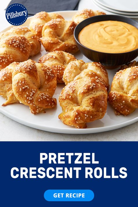 Pretzel Crescent Rolls Salted Beer Pretzel Crescents, Easy Pretzels Pillsbury, Easy Appetizers With Pillsbury, Game Day Food Crescent Rolls, Crescent Roll Pretzel Bites, Cresent Roll Pretzel Bites, Crescent Roll Pretzels, Pillsbury Pretzel Bites, Pretzel Dogs Recipe Crescent Rolls