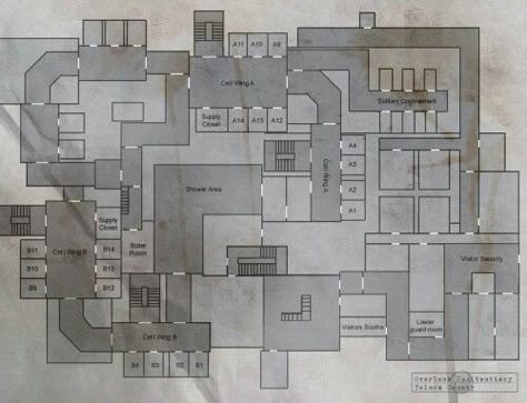 Prison Layout Prison Architect Game Layout, Prison Layout Plan, Prison Layout Design, Men Of Letters Bunker Layout, My Prison Roblox Layout, Prison Floor Plan, Bloxburg Prison Ideas, Prison Blueprints, Minecraft Jail Ideas