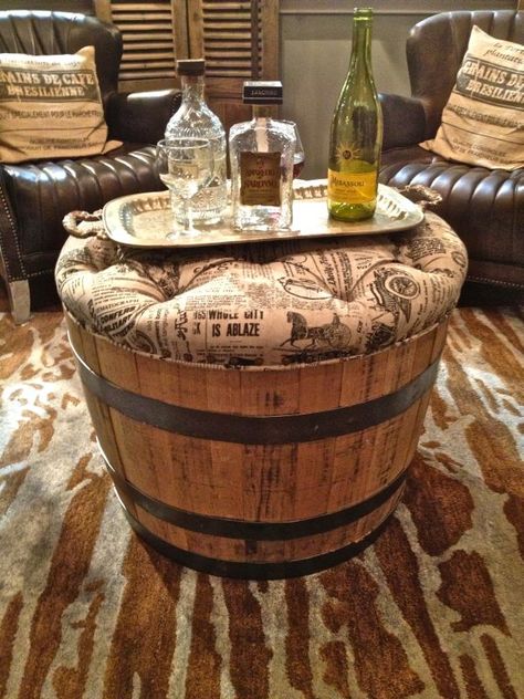 Another very unusual and creative way of using an old barrel is to basically cut out just a portion of it and turn it into a frame for a round wall mirror. It can have an irregular look or organic shape. The important detail is for one side to have straight lines for the mirror to fit in. Diy Halloween Dekoration, Wine Barrel Table, Barrel Projects, Halloween Decor Diy, Wine Barrel Furniture, Barrel Table, Barrel Furniture, Wine Barrels, Dekor Diy